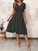 Chic V-Neck Knee-Length Dress with Button Details