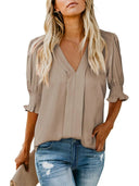 Chic V-Neck Blouse with Ruffled Sleeves and Pleats
