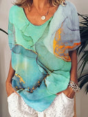 Chic V-Neck T-Shirt with Abstract Print for Women