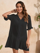 Women's V-Neck Shirt Dress with Flowing Ruffles