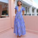 Chic Maxi Dress with Ruffled Sleeves and Deep V-Neck