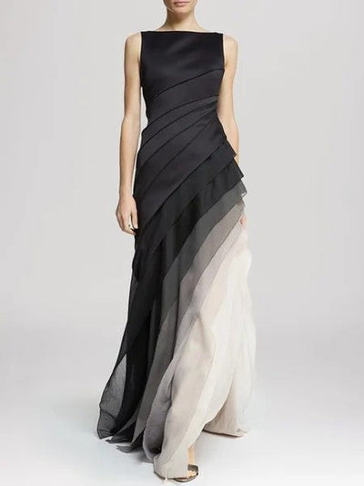 Chic Black-and-White Gradient Patchwork Maxi Dress