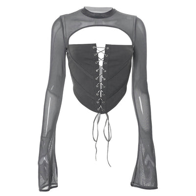 Chic Women's Laced Top with Sheer Sleeves