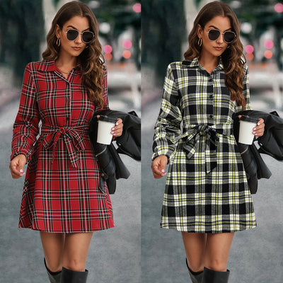 Checkered Long Sleeve Shirt Dress with Tie Belt