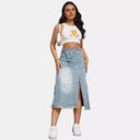 Chic Denim Skirt with Side Slit & Frayed Hem