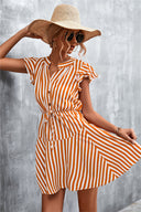 Chic Women's Striped Short Sleeve Dress with Ruffle and Drawstring Detail