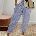 Women's Striped Pants with Elastic Waist and Side Pockets