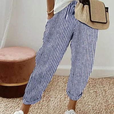 Women's Striped Pants with Elastic Waist and Side Pockets