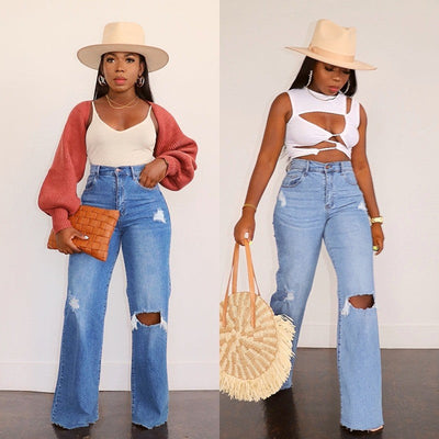 Trendy Women's High-Waisted Bootcut Jeans with Destroyed Detailing