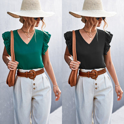 Women's Ruffled Hem V-Neck Blouse