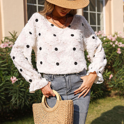 Textured Linen Women's Blouse with Decorative Dots