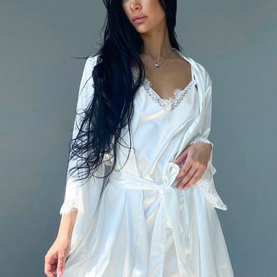 Elegant Satin Nightdress with Lace & Kimono Cape