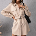 Stylish Women's Shirt Dress with Adjustable Belt and Chic Pockets