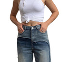 Chic Women’s High-Waist Denim Pants with Stylish Patchwork