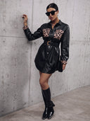 Animal Print Faux Leather Shirt Dress for Women