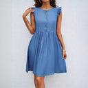 Ruffled Shoulder Women's Dress with Button Placket
