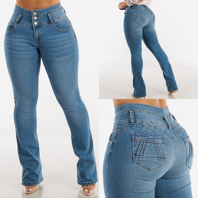 Women's High-Waisted Bootcut Jeans with Stylish Button Accents