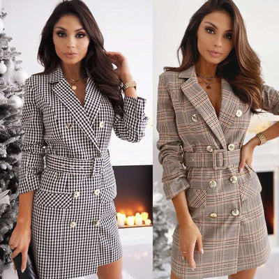 Chic Women's Blazer Dress with Button Closure and Belt