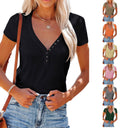 Stylish Short Sleeve V-Neck Tee with Button Detail
