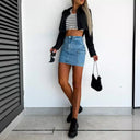Women's Cropped Blouse with Stylish Collar and Glossy Design