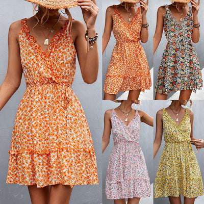 Women's Floral Ruffle Wrap Dress - Stylish V-Neck Design