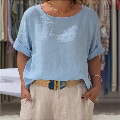 Women’s Linen Blouse with Rolled Sleeves - Relaxed Fit Style