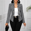 Chic Houndstooth Blazer Jacket with Shiny Buttons