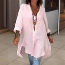 Elegant Women's Linen Blouse with Button Placket and Roll-Up Sleeves