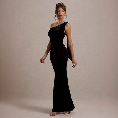 Chic Asymmetrical Strap Evening Dress with Slit