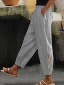 Chic Linen Pants with Side Slits and Elastic Waist