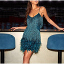 Glitter Evening Dress with Feathers & Shimmering Accents