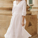 Chic Women's V-Neck Linen Dress - Flowing Design