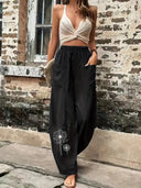 Artistic Dandelion Palazzo Pants with Smart Pockets for Women