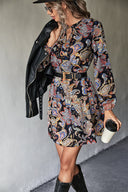 Paisley Print Women's Shirt Dress with Elastic Waist