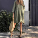 Chic Women's Linen Dress with Asymmetrical Hem and Pockets