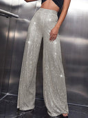Women's Glossy Wide Leg Pants with Shimmering Detail