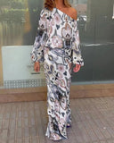 Stylish Off-Shoulder Tie-Dye Maxi Dress with Voluminous Sleeves