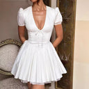 Glamorous Ruffle Dress with Deep V-Neck & Puff Sleeves