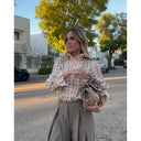 Checkered Women's Blouse with Ruffle Accents & Button Closure