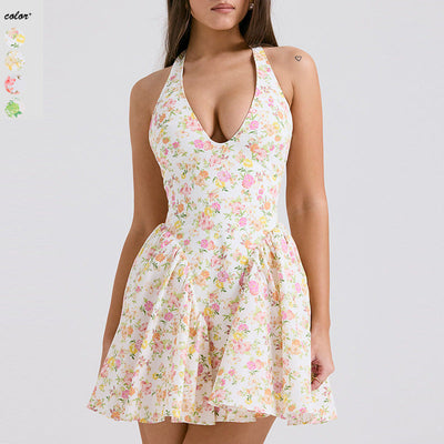 Playful Floral Women's Short Dress with Deep V-Neck
