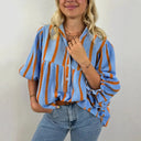 Women's Striped Blouse with Wide Sleeves and Button Closure