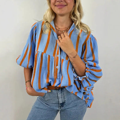 Women's Striped Blouse with Wide Sleeves and Button Closure
