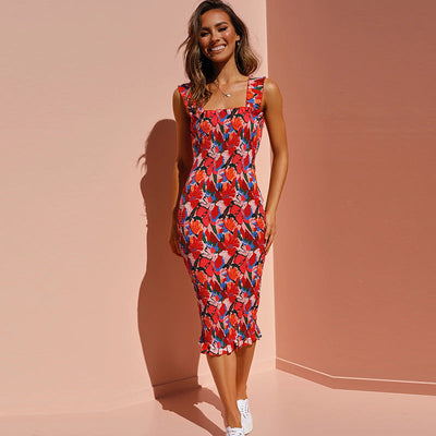 Floral Midi Dress with Ruffle Accents for Women