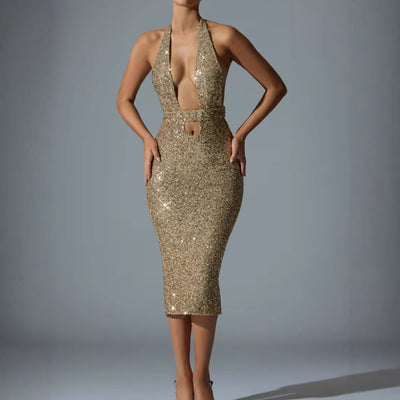 Glamorous Sequin Midi Dress with Deep V-Neck