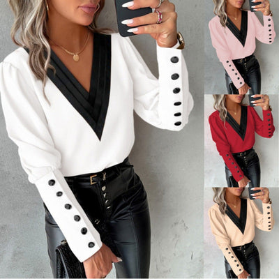Chic V-Neck Blouse with Puff Sleeves for Women