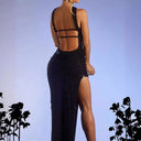 Shimmering Evening Dress with Side Slit and Appliqués