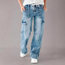 Wide Leg Women's Cargo Jeans with Adjustable Waist