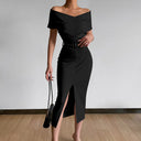 Off-Shoulder Midi Dress with Chic Side Slit