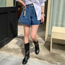 High-Waisted Denim Shorts with Elastic Belt for Women