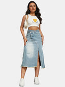 Chic Denim Skirt with Side Slit & Frayed Hem